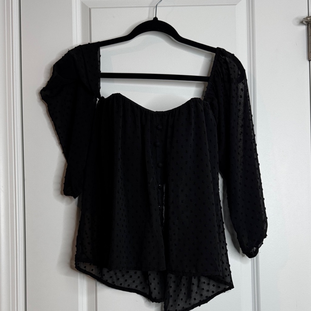 Shinestar Black Swiss Dot Off-Shoulder Peasant Blouse